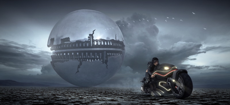 magic, ball, futuristic, 5K, motorcycle, digital composite, composing, nature, mystical, landscape, weird, security, protection, outdoors, atmosphere