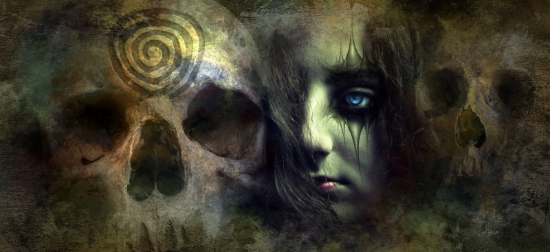 skull, art and craft, fantasy, fantastic, surreal, spooky, dark, portrait, magic, adult, photomontage, paint, mystery, gothic style, horror, mysticism
