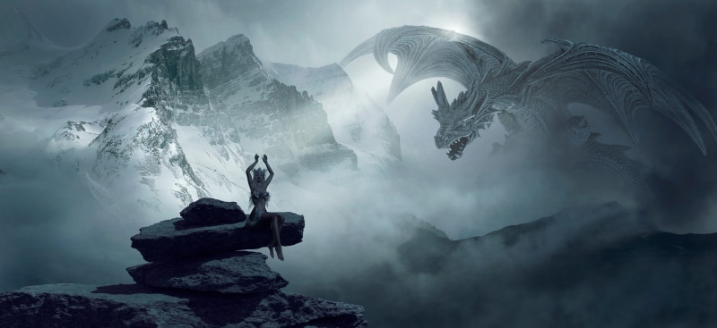 dramatic, 5K, mood, mountain peak, sage, composing, solid, mystery, stones, girl, dragons, rock - object, environment, scenics - nature, fog, fairy tales