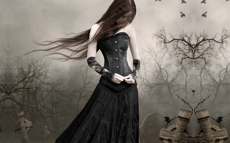 Lonely, Black, 1080P, Gothic, Dark, Fantasy, Graveyard, Sad, Woman