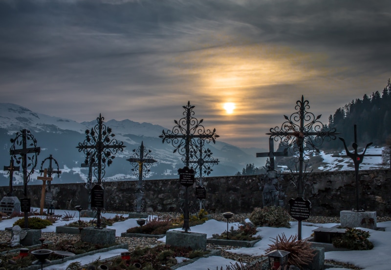 mountains, ice, plant, clouds, light, beautiful, tranquility, no people, mountain, cemetery, fog, evening, dawn, outdoors, landscape, architecture, sky