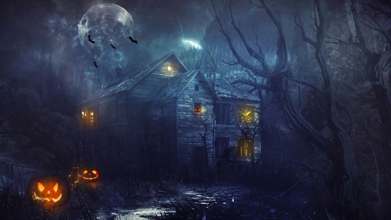 moon, halloween, 4K, ghost house, pumpkins, night, bats