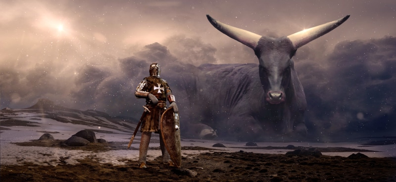 sunbeam, frightening, armor, creature, figure, land, digital composite, mammal, night, horns, environment, warrior, photo montage, knight, mystical, risk
