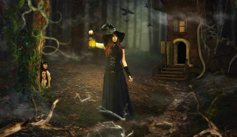photomontage, witchs house, dress, tree, halloween, 5K, fear, creepy, full length, hairstyle, fantasy, standing, fairy tales, magic, young women, fairytale