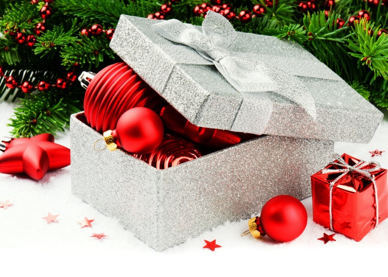 presents, baubles, box, tree, Christmas, balls, red, gray, toys, 4K, New Year, digital