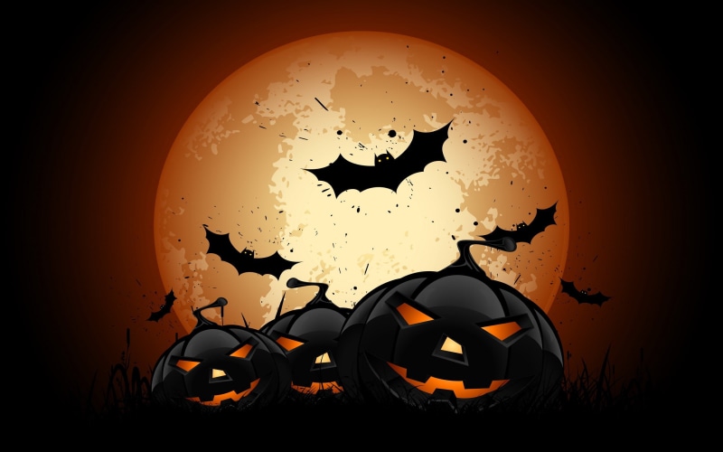 Halloween, 2K, Moon, pumpkin, bats