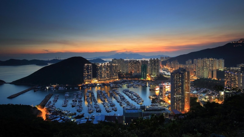 built structure, office building exterior, harbor, building exterior, dusk, Hong Kong, mountain, beauty in nature, sunset, night, nature, mountains, city