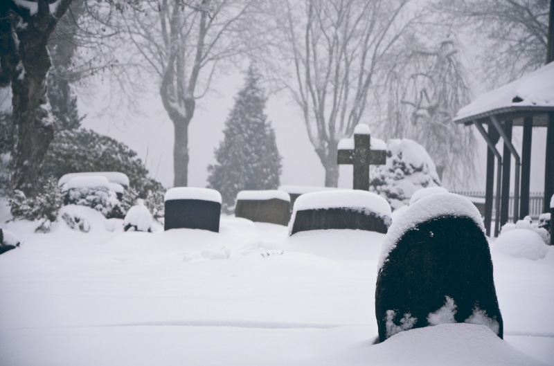 old cemetery, day, cold temperature, building exterior, plant, park, blizzard, Grave, tranquility, 4K, church, Graves, outdoors, extreme weather, tree
