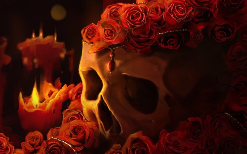 dark, fantasy, candles, candle, goth, 1080P, skulls, roses, skull, fire, gothic