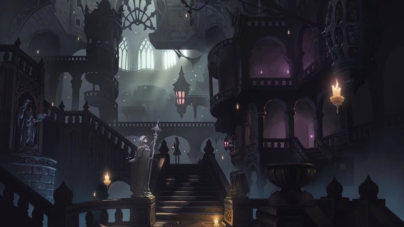 castle, staircase, 4K, indoors, altar, illuminated, electric lamp, illustration, ceiling, mansions, pew, candles, school uniform, religion, lighting equipment