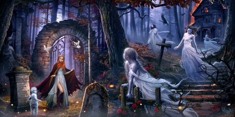 1080P, cemetery, Fall, house, Gates, stairs, digital art, Trees, fire, Dark, Ghosts, branch, birds, women, fantasy Art, mist, Grave, forest, sculpture