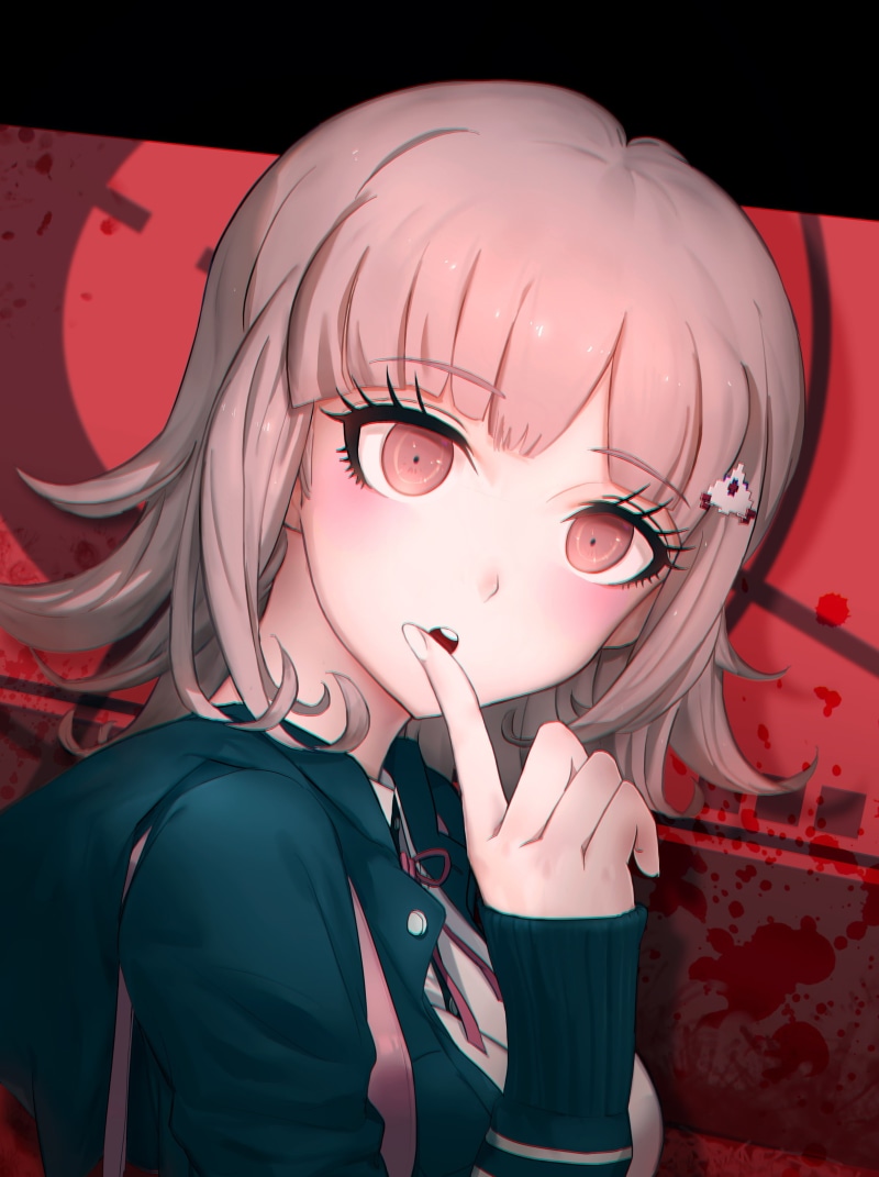 representation, body part, yandere, Anime, finger on lips, portrait, close-up, depression - sadness, cute, red, danganronpa 2, 2K, indoors, nanami chiaki