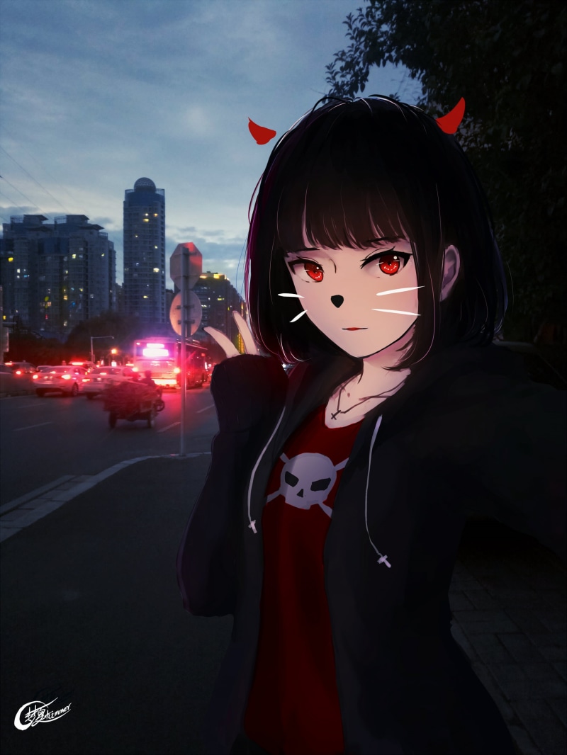 black hair, night, city, MX shimmer, original characters, red eyes, anime, 2K, anime girls