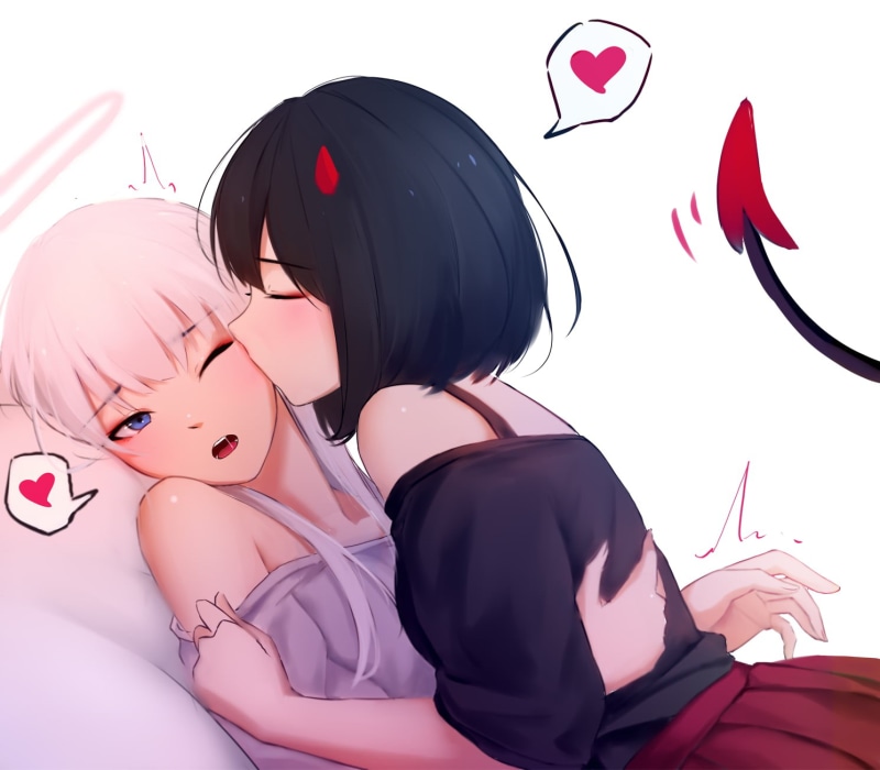short hair, kissing, tail, original characters, horns, angel, anime girls, demon, MX shimmer, simple background, yuri, 720P, anime