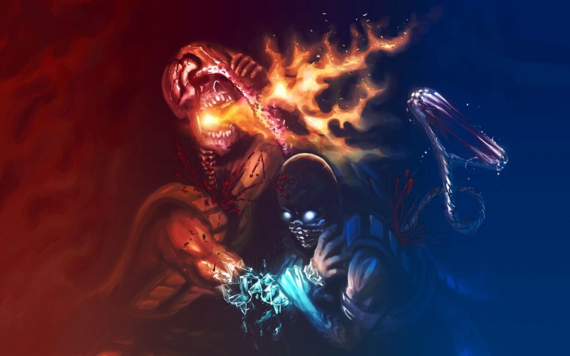 scorpion, 720P, mortal kombat, zero, art, kombat, sub zero, sub, confrontation, mortal, subzero, illustration
