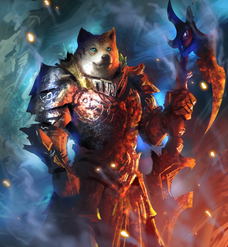 blue, warrior, indoors, animal representation, doge, 1080P, close-up, nature, representation, sword, mammal, Shiba Inu, night, group of animals, glowing