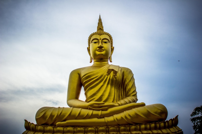 daytime, asia, photo, god, place of worship, gautama, spirituality, faith, blue, representation, thailand, clouds, background, worship, gold colored, oriental