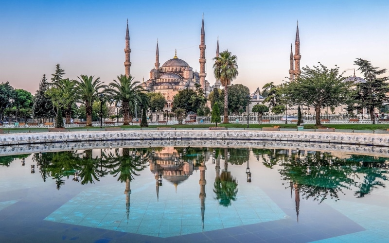 Blue, 1080P, ahmed, sultan, Trees, white, Turkey, Mosque, Pool, Palm, Istanbul