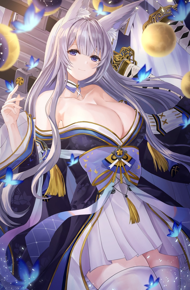 cleavage, Azur Lane, 2K, Shinano (Azur Lane), smiling, anime girls, white thigh highs