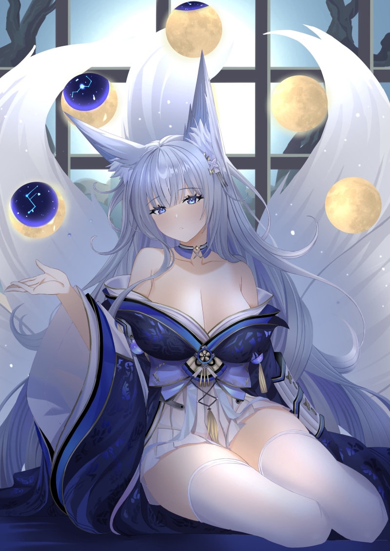 fox tail, 4K, Azur Lane, cleavage, Shinano (Azur Lane), thighs, white thigh highs, Tnr (artist), anime girls