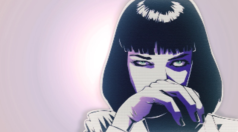 woman, representation, male likeness, Uma Thurman, no people, technology, communication, purple, colored background, digital composite, finance, Mia Wallace