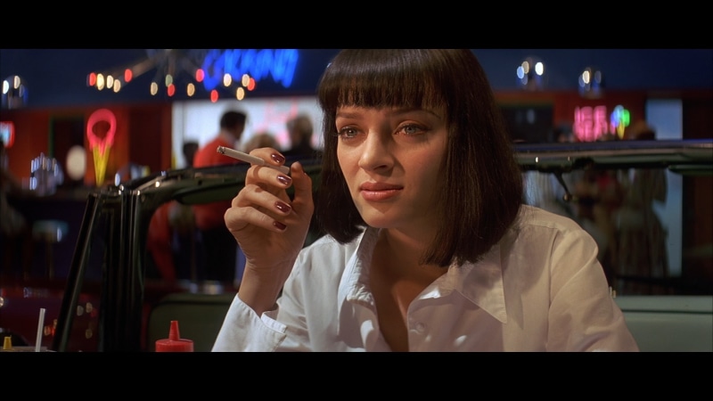 bangs, sitting, mid adult, 1080P, looking, hair, hairstyle, front view, movies, Pulp Fiction, women, indoors, one person, headshot, portrait, young adult