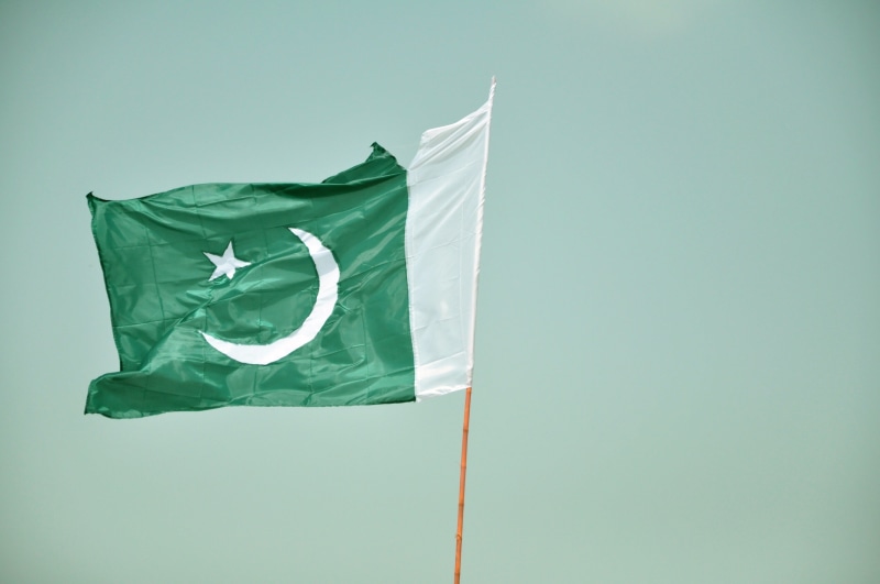 copy space, white, wind, environment, flag, day, nature, sky, green, outdoors, no people, green color, Pakistan, pole, low angle view, 4K, textile, blue