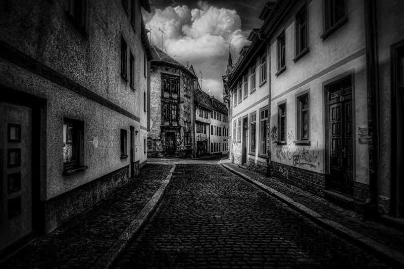 the way forward, city, abandoned, direction, building exterior, dark, 4K, clouds, travel, windows, black and white, asphalt, house, day, vandalism, urban