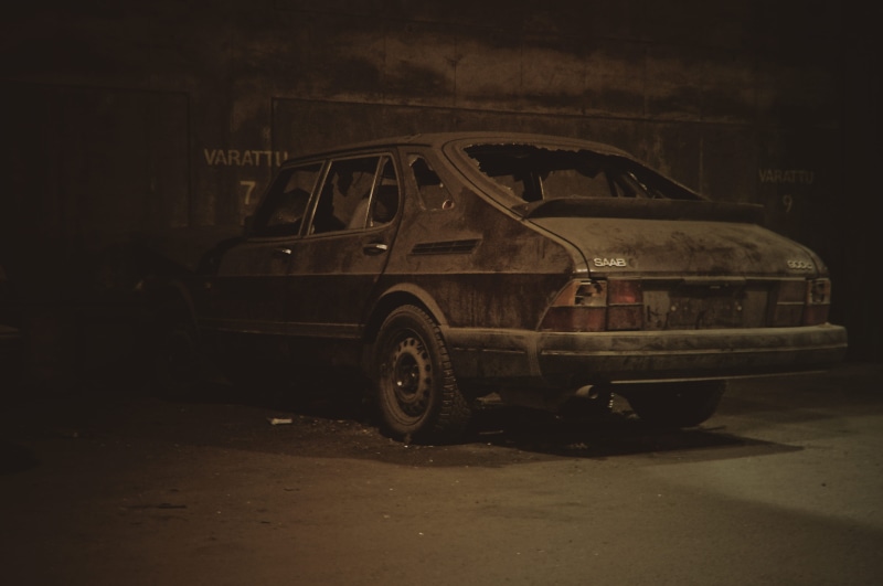 old, 4K, mode of transportation, car, obsolete, land vehicle, damaged, black, rusty, run-down, finland, dusty, sedan, dirt, deterioration, transportation