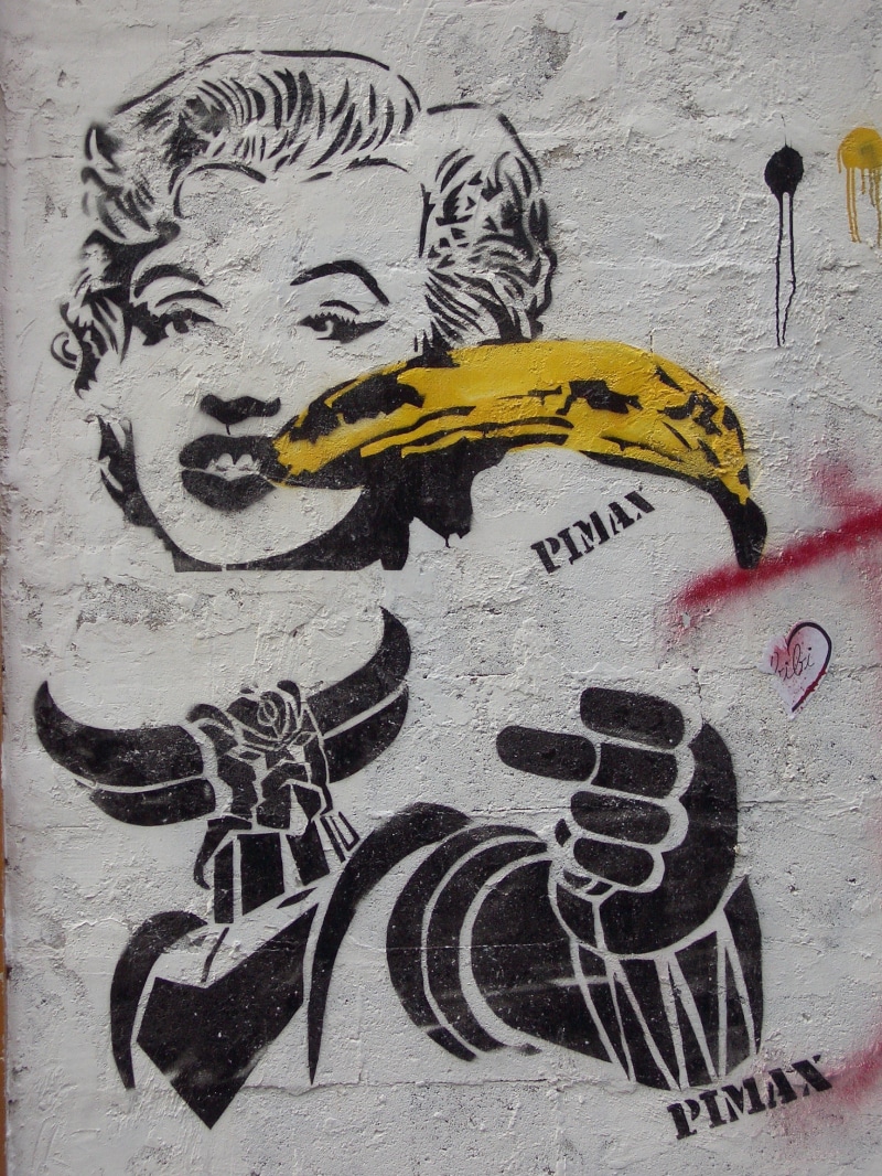 1080P, marylin monroe, paint, yellow, no people, day, drawing, graffiti, mural, street art, outdoors, vandalism, grunge, architecture, creativity, craft
