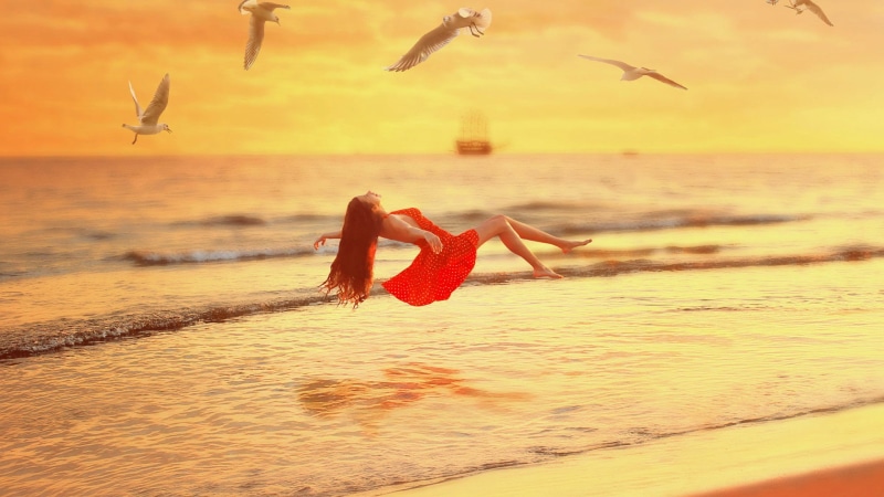 dress, birds, red, sea, 1080P, beach, seagull, girl, sunset, red dress, levitation