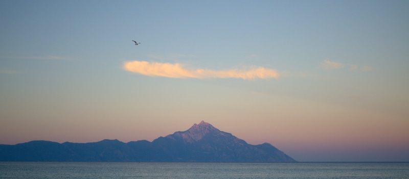 gradient, 4K, mountain range, tranquil scene, seagul, scenics - nature, sea, no people, panorama, beauty in nature, cloud - sky, bird, sunset, mount athos