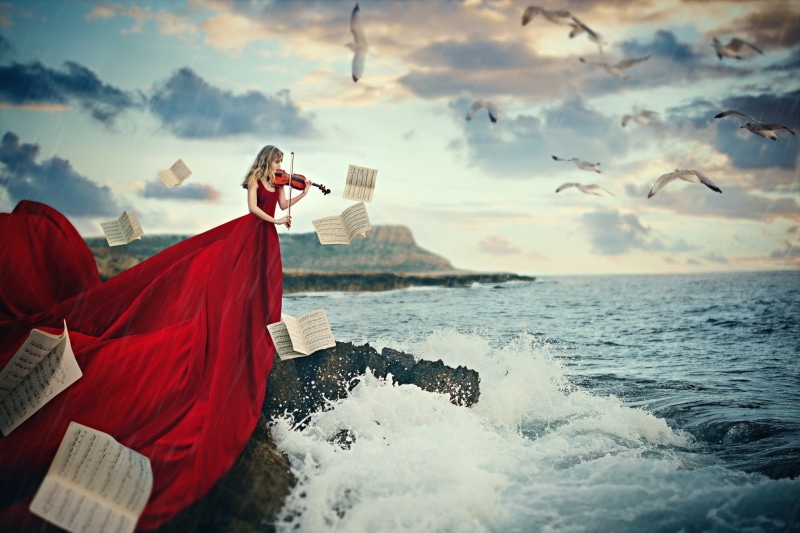 waves, water, 1080P, blonde, women, birds, dress, violin, musical notes, red dress, seagulls, sea, musical instrument, music