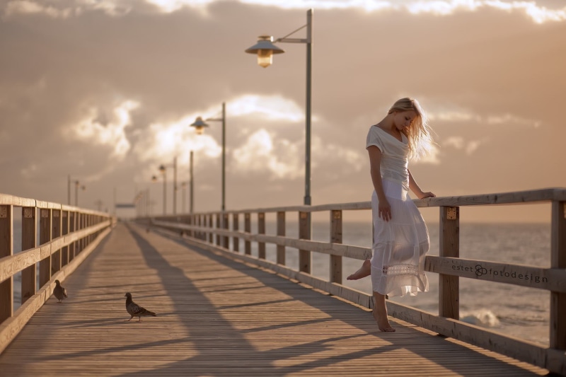 young women, railing, hair, young adult, real people, model, blonde, white dress, seagulls, bridge, adult, lifestyles, outdoors, barefoot, one person, cloud - sky