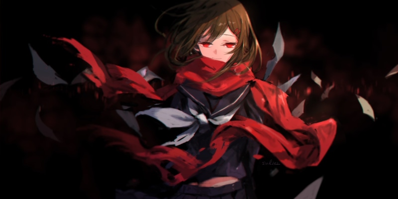 costume, indoors, obscured face, mask, red, adult, disguise, motion, 1080P, black background, portrait, one person, scarf, swd3e2, Tateyama Ayano, carnival - celebration event