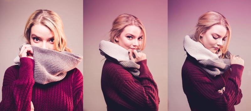 1080P, sweater, Anya Taylor-Joy, blonde, collage, actress, simple background, women, scarf