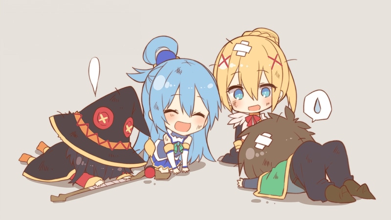 friendship, KonoSuba – God’s blessing on this wonderful world!!, talking, music, Darkness (KonoSuba), headphones, positive emotion, smiling, two people