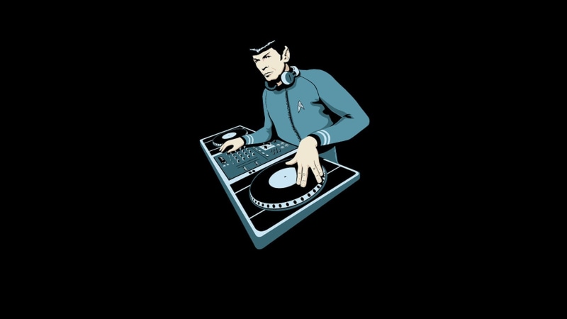night, cringy, Live Long And Prosper, studio shot, indoors, performance, technology, headphones, record, black background, Star Trek, mixing, cut out, dark