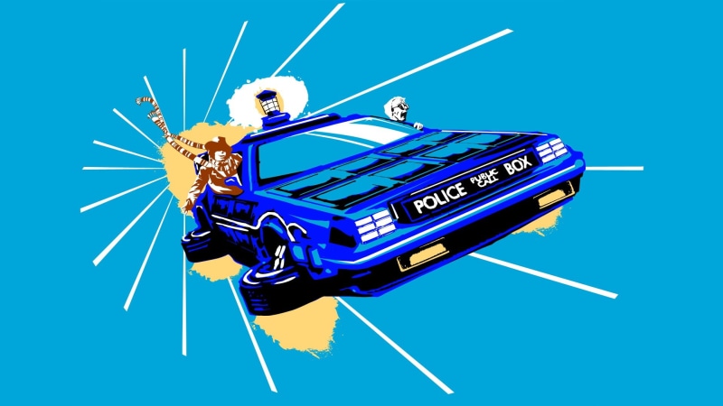 robot, breaking, car, blue, cable, flying, TARDIS, air vehicle, science fiction, fantasy, cyborg, nature, TV, electrical equipment, sky, no people, DeLorean
