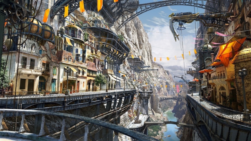 Steampunk, Sci Fi, Mountain, 1080P, Bridge, Street, City