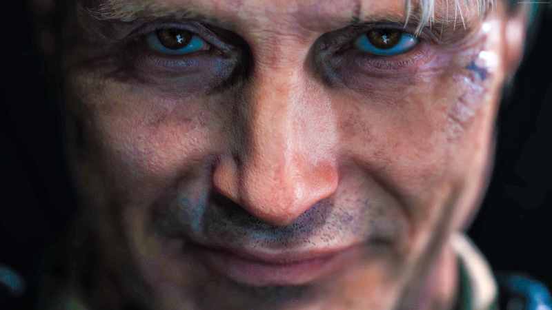 black background, portrait, headshot, one person, close-up, Mads Mikkelsen, indoors, looking at camera, 4K, 4k, Death Stranding, bruise, human eye, human body part