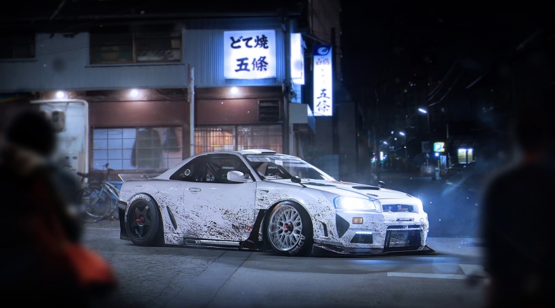 urban Scene, building exterior, R34, Nissan, winter, land Vehicle, editorial, illuminated, Sport, luxury, supercar, coupe, road, architecture, adult, motion