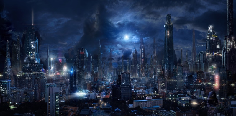 night, skyscrapers, dark city, Fantasy, flying vehicles, sci-fi, futuristic city, 2K