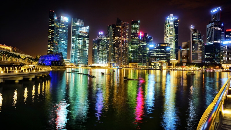 Skyscrapers, City, Night, Singapore, Lights, Asia, 1080P