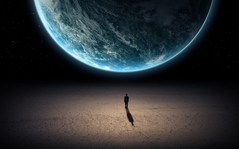 orbiting, fictional, 2K, space exploration, milky way, silhouette, sky, space, standing, galaxy, space art, Earth, nature, world, person, horizon