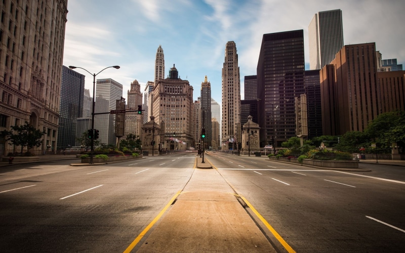 street, street lights, asphalt, road, 1080P, lights, gray, City, skyscrapers