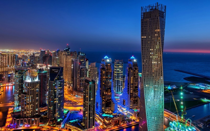 Buildings, 1080P, Evening, cayan, Skyscrapers, tower, Dubai, Lights, City