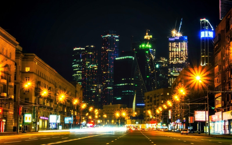 Lights, Road, Illumination, Moscow, City, 2K, Night, Russia, Houses, Skyscrapers