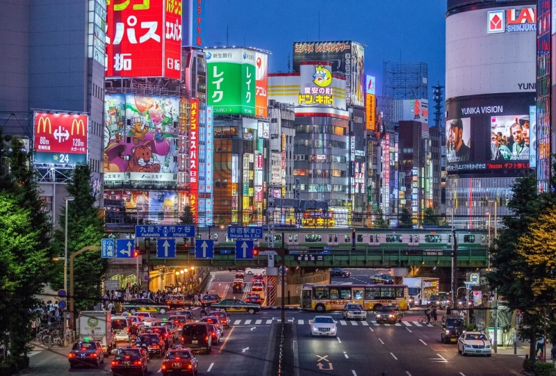 road, street, consumerism, architecture, city street, 1080P, city life, office building exterior, advertisement, building exterior, Shinjuku, nightlife
