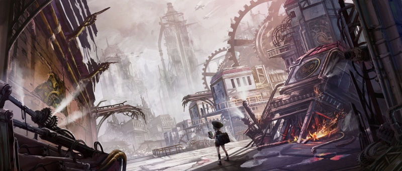 science fiction, 2K, anime girls, aircraft, steampunk, urban, industrial, futuristic, landscape, artwork, city, digital art, cityscape, apocalyptic